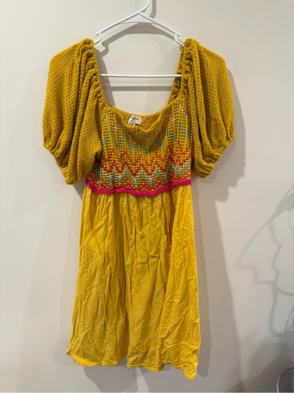 Umgee Yellow Multicolor Crochet Bodice Puff Sleeve Dress